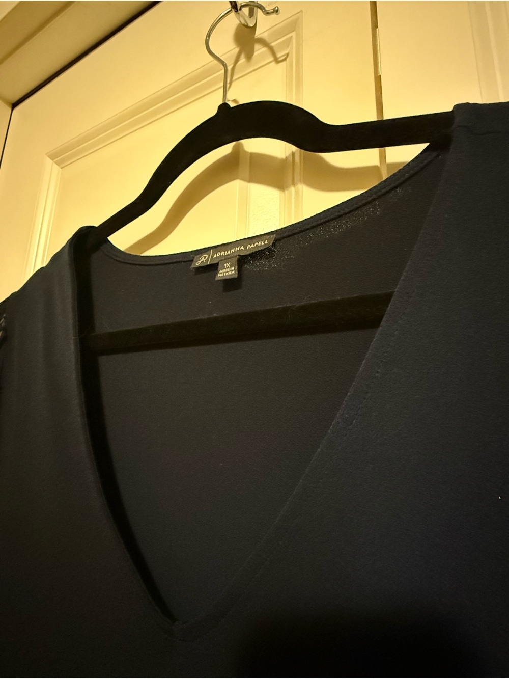 Adrianna Papell Navy V-Neck Blouse with Sheer Dot Puff Sleeves - Picture 2 of 3
